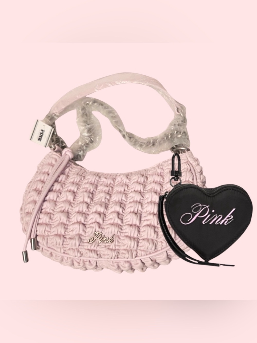 PINK TULIP Crescent Shoulder Bag & Black with Pink lettering ❤️Shaped Pouch